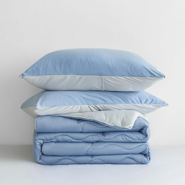 COTTEBED Reversible Light Blue and Grey Bed Comforter Twin Set, Jersey Knit T-Shirt Feel Ultra-Soft Lightweight Bedding Blanket Quilt & Pillowcase for Kid Boy Girl College Dorm All Season(Twin/TwinXL) - LeafyLoom