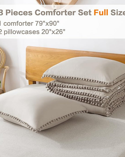 Litanika Comforter Full Size Set Linen Grey,3 Pieces Linen Grey Boho Pom Pom Lightweight Bed Comforter Full,All Season Solid Color Bedding Comforter Sets (1 Comforter 79x90 Inch, 2 Pillowcases) - LeafyLoom