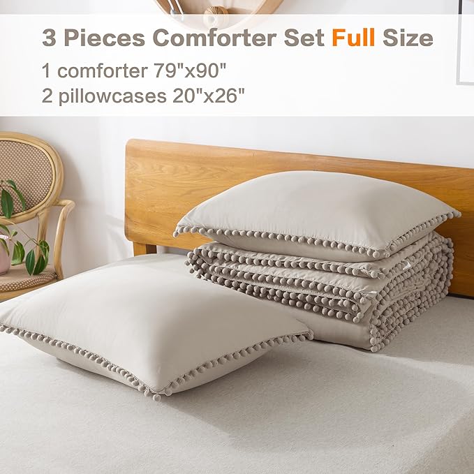 Litanika Comforter Full Size Set Linen Grey,3 Pieces Linen Grey Boho Pom Pom Lightweight Bed Comforter Full,All Season Solid Color Bedding Comforter Sets (1 Comforter 79x90 Inch, 2 Pillowcases) - LeafyLoom
