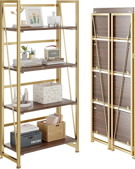 No-Assembly Folding Gold Bookshelf Storage Shelves 4 Tiers Vintage Multifunctional Plant Flower Stand Storage Rack Shelves Bookcase for Home Office - LeafyLoom