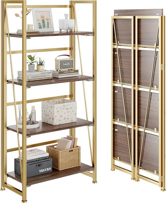 No-Assembly Folding Gold Bookshelf Storage Shelves 4 Tiers Vintage Multifunctional Plant Flower Stand Storage Rack Shelves Bookcase for Home Office - LeafyLoom