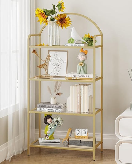 Bookcase Bookshelf, Tempered Glass Bookshelves, Slim Shelving Unit for Bedroom, Bathroom, Home Office, Steel Frame, 4 Tier Gold BC21499G - LeafyLoom