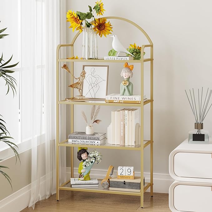 Bookcase Bookshelf, Tempered Glass Bookshelves, Slim Shelving Unit for Bedroom, Bathroom, Home Office, Steel Frame, 4 Tier Gold BC21499G - LeafyLoom