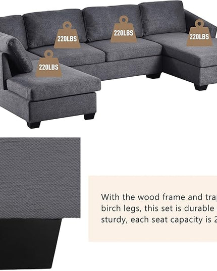 116.9" Modern Large U-Shape Sectional Sofa with Double Extra Wide Chaise Lounge, 4 Seat Oversized Upholstered Couch for Apartment, Home, Office, Living Room Furniture, Gray, 116.9 Inch - LeafyLoom
