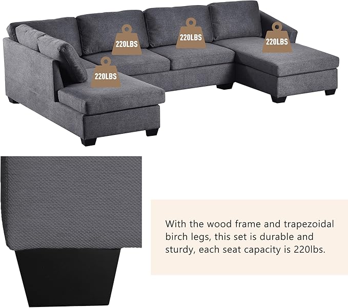 116.9" Modern Large U-Shape Sectional Sofa with Double Extra Wide Chaise Lounge, 4 Seat Oversized Upholstered Couch for Apartment, Home, Office, Living Room Furniture, Gray, 116.9 Inch - LeafyLoom