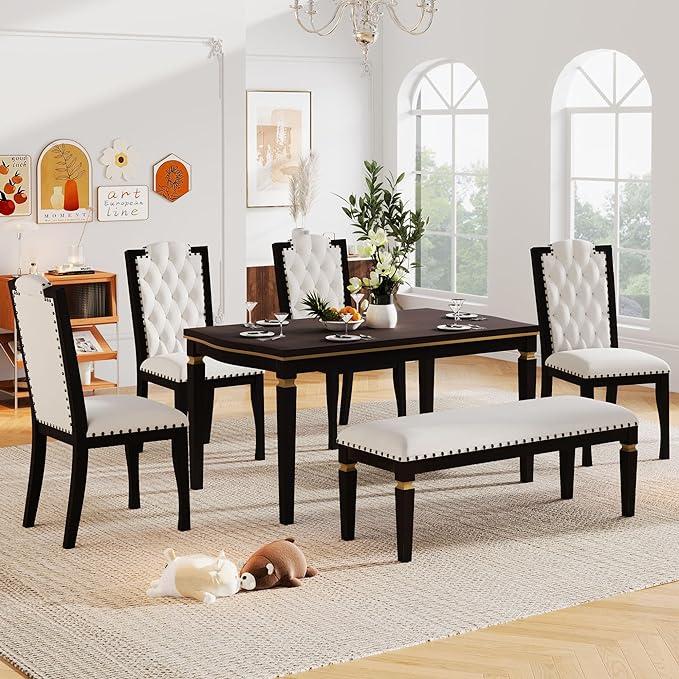 NicBex Dining Room Table Set for 6 Kitchen Table and Chairs 62.7" Rectangular Table and 4 High-Back Tufted Chairs & 1 Bench for Dining Room and Kitchen, Espresso - LeafyLoom