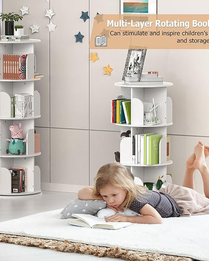 Rotating Bookshelf, Small Bookshelf for Small Space, 360 Display 4 Tier Floor Standing Bookcase Storage Rack, Wood Narrow Book Shelf Organizer for Bedroom, Living Room (White) - LeafyLoom
