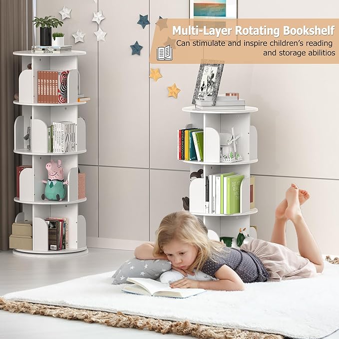 Rotating Bookshelf, Small Bookshelf for Small Space, 360 Display 4 Tier Floor Standing Bookcase Storage Rack, Wood Narrow Book Shelf Organizer for Bedroom, Living Room (White) - LeafyLoom