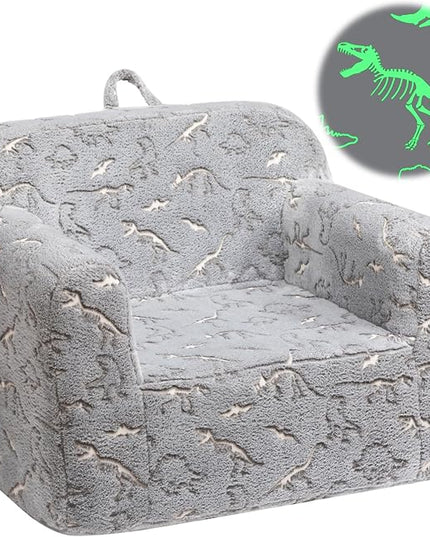 ALIMORDEN Kids Ultra-Soft Snuggle Foam Filled Chair, Glow-in-The-Dark Dinosaurs Fossil Pattern Toddler Cuddly Sherpa Reading Couch for Boys and Girls - LeafyLoom
