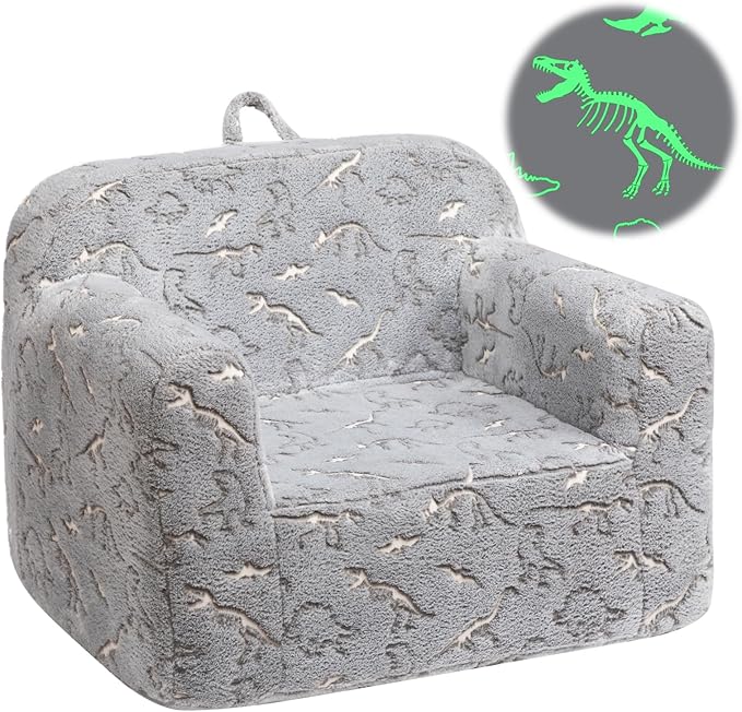 ALIMORDEN Kids Ultra-Soft Snuggle Foam Filled Chair, Glow-in-The-Dark Dinosaurs Fossil Pattern Toddler Cuddly Sherpa Reading Couch for Boys and Girls - LeafyLoom