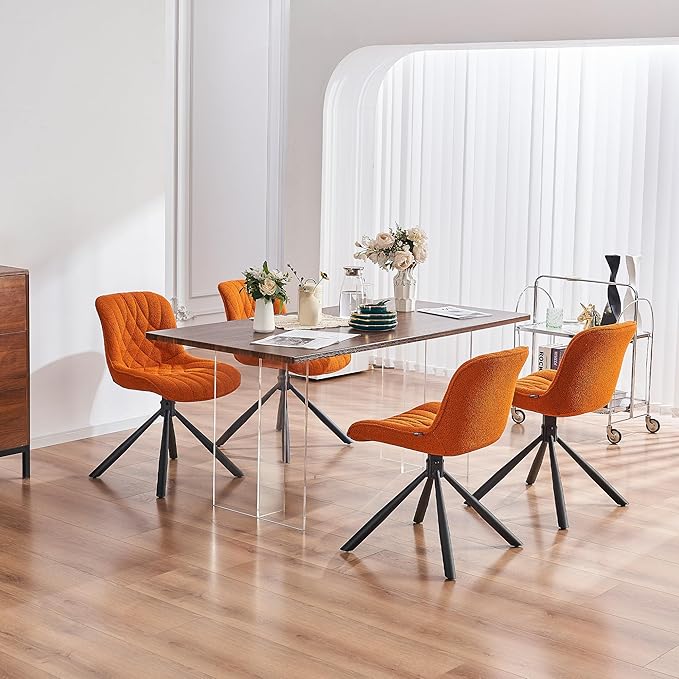 Mid Century Modern Dining Chairs Set of 2, Upholstered Dining Room Chairs with Sturdy Metal Legs, Boucle Armless Accent Side Chairs for Kitchen, Living Room, Orange - LeafyLoom