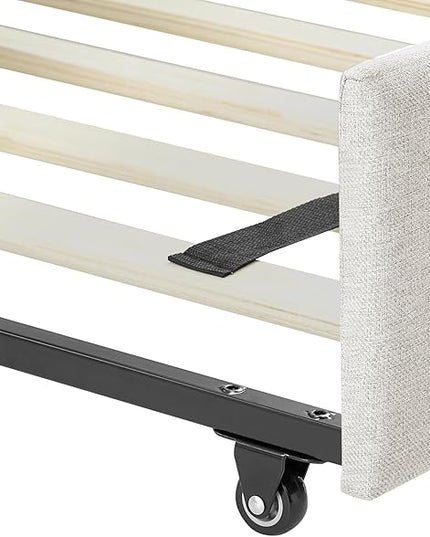 Twin Size Linen Upholstered Daybed with Two Storage Trundle Drawers, Solid Wooden Bed Frame w/Tufted Decorate, No Box Spring Needed, for Kids, Bedroom, Dorm, Beige-5 - LeafyLoom