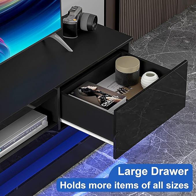 Glossy Black LED TV Stand for 75 inch TV, Modern TV Console Table with Storage and LED Lights, Gaming Media Entertainment Center for Living Room Bedroom (63 Inch, Black) - LeafyLoom