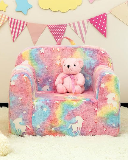 ALIMORDEN Kids Ultra-Soft Snuggle Foam Filled Chair, Cuddly Sherpa Reading Couch for Boys and Girls,Glow-in-The-Dark Unicorn Pattern - LeafyLoom