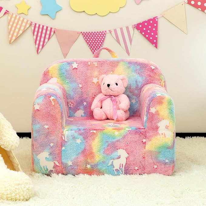 ALIMORDEN Kids Ultra-Soft Snuggle Foam Filled Chair, Cuddly Sherpa Reading Couch for Boys and Girls,Glow-in-The-Dark Unicorn Pattern - LeafyLoom