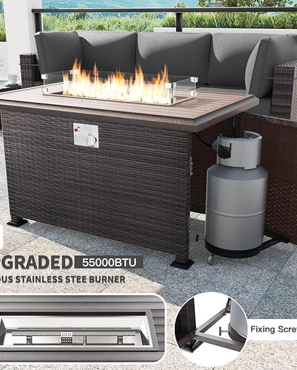 Kullavik 8 Pieces Outdoor Patio Furniture Set with 43" Gas Propane Fire Pit Table PE Wicker Rattan Sectional Sofa Patio Conversation Sets,Grey - LeafyLoom