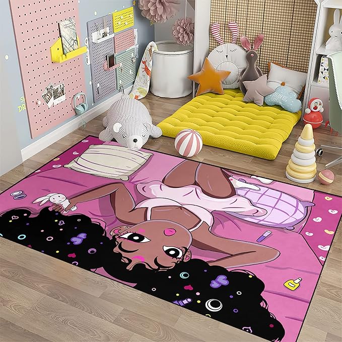 Black Magic Girls for Bedroom Large Cute African American Girls Floor Rugs for Bedroom Black Magic Girl Area Rug Girls Room Decor Pink Room Decor for Teen Girls, 4'5'' × 6' - LeafyLoom