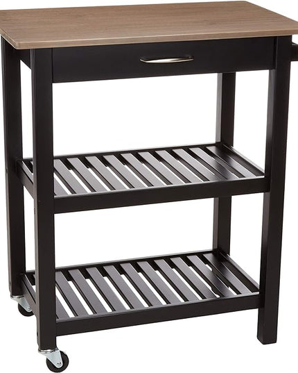 Amazon Basics 2 shelves Kitchen Island Cart with Storage, Solid Wood Top and Wheels, 35.4 x 18 x 36.5 inches, Gray-wash and Black - LeafyLoom