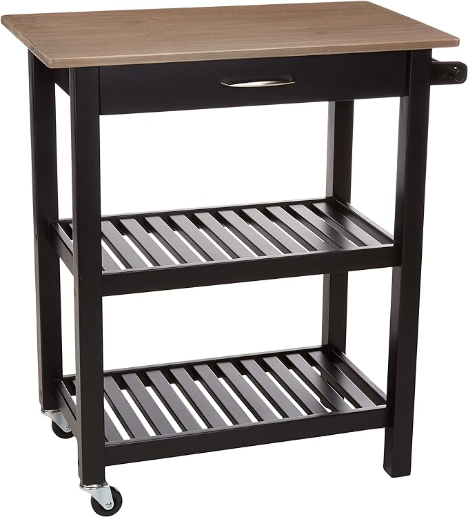 Amazon Basics 2 shelves Kitchen Island Cart with Storage, Solid Wood Top and Wheels, 35.4 x 18 x 36.5 inches, Gray-wash and Black - LeafyLoom