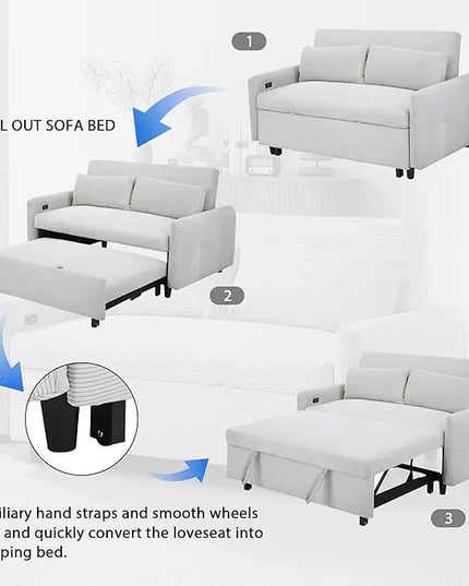 3-in-1 Corduroy Upholstered Futon Loveseat Sofa w/Pull Out Bed and USB Ports, 57.48" Pullout Couch Chaise Lounge with Adjustable Backrest and Throw Pillows for Living Room Small Space - LeafyLoom