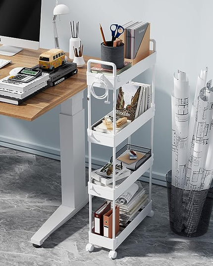 SOLEJAZZ Slim Storage Cart, 4 Tier Bathroom Organizer Mobile Shelving Unit, Rolling Utility Cart Slide Out Organizer for Kitchen, Bathroom, Laundry, Narrow Places, White - LeafyLoom