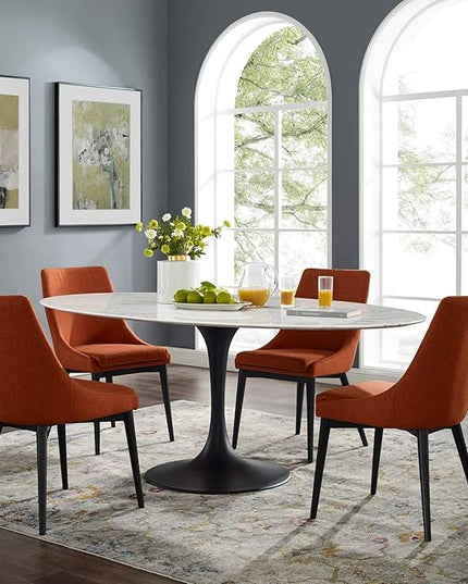 Modway Lippa 78" Oval-Shaped Mid-Century Modern Dining Table with Artificial Marble Top and Black Base - LeafyLoom