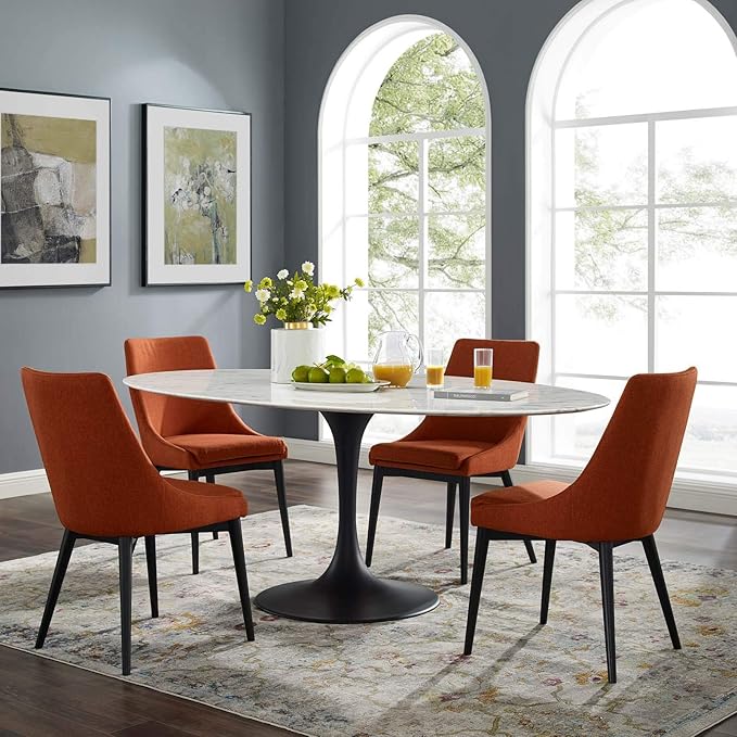 Modway Lippa 78" Oval-Shaped Mid-Century Modern Dining Table with Artificial Marble Top and Black Base - LeafyLoom