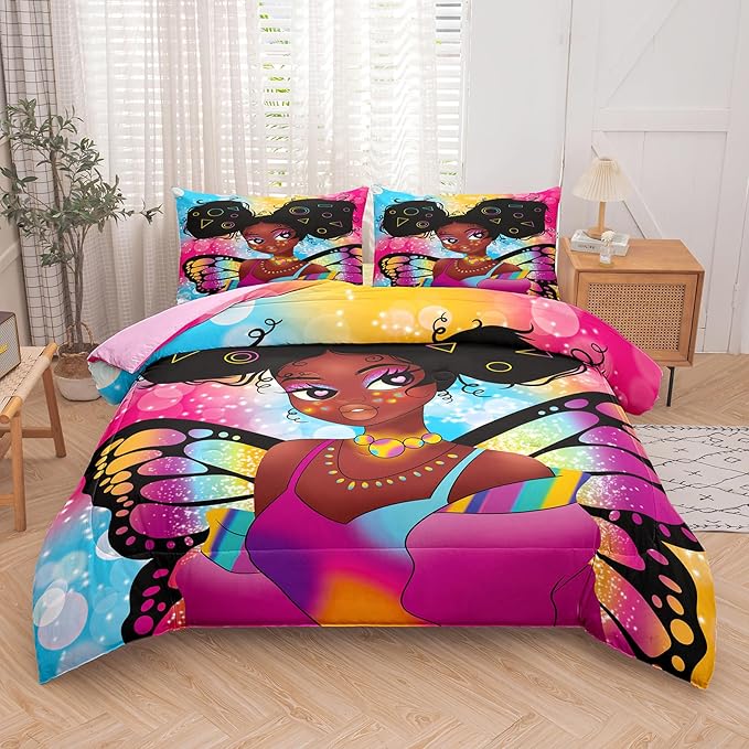 Tailor Shop Fantasy Black Girl Comforter Set Rainbow Butterfly Twin Size Bedding Sets for Girls Kids Kawaii Magic African American Black Girl Bedding Set with 1 Pillowcase Girls Room Decor - LeafyLoom