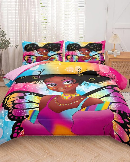 Tailor Shop Fantasy Black Girl Comforter Set Rainbow Butterfly Full Size Bedding Sets for Girls Kids Kawaii Magic African American Black Girl Bedding Set with 2 Pillowcase Girls Room Decor - LeafyLoom