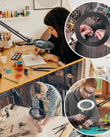 Large 10X Magnifying Glass with Light, 5 in Real Glass Stand Lighted Magnifier, 3 Color Modes Steepless Dimmable LED Magnifying Desk Lamp with Clamp, Hands Free for Close Work Crafts Hobby - LeafyLoom