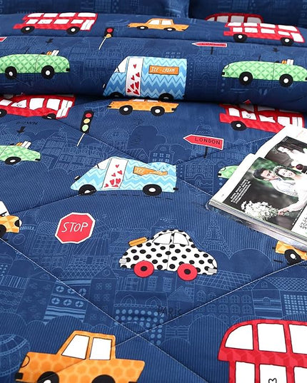 MAG 3Pcs Cartoon Car Comforter Set, Blue Cute Base Full Bedding Comforter Set,for Toddlers Kids,Boys Teens and Girls,Super Soft Microfiber, Full Size - LeafyLoom