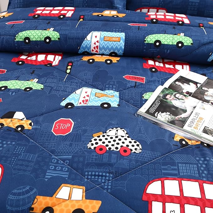 MAG 3Pcs Cartoon Car Comforter Set, Blue Cute Base Full Bedding Comforter Set,for Toddlers Kids,Boys Teens and Girls,Super Soft Microfiber, Full Size - LeafyLoom