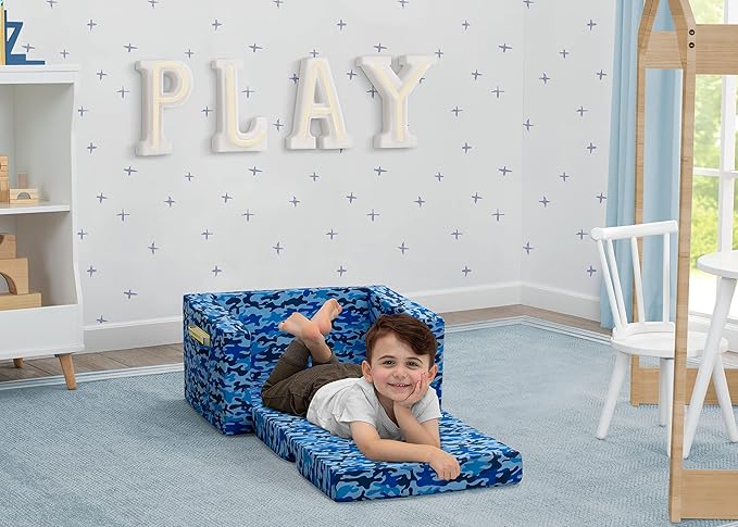 Delta Children Cozee Blue Camo Convertible Foam Chair to Lounger for Kids - LeafyLoom