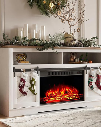 YESHOMY Fireplace TV Stand for Television up to 65+ Inch with Storage and Farmhouse Sliding Barn Doors, Entertainment Center with Cabinet and Shelves, Media Console for Living Room, White - LeafyLoom
