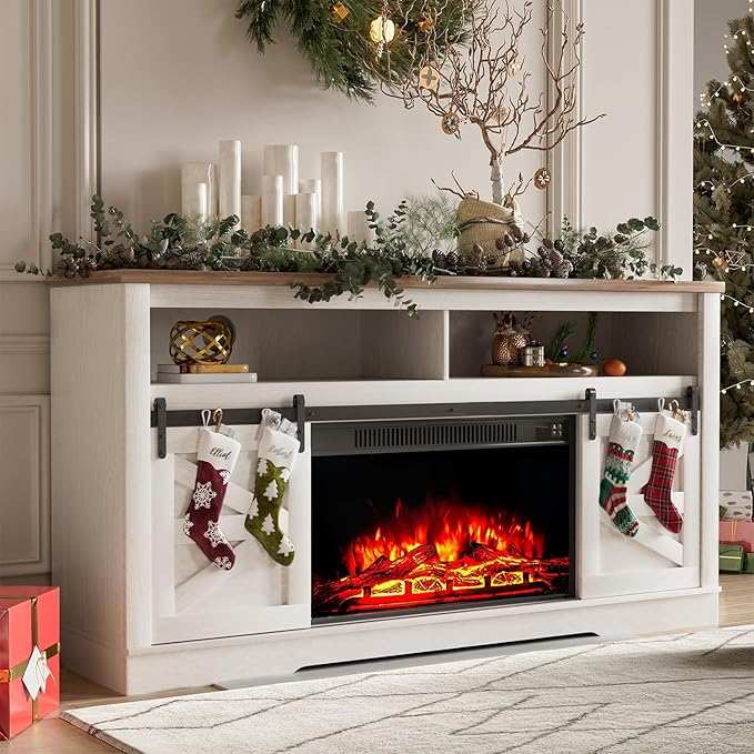 YESHOMY Fireplace TV Stand for Television up to 65+ Inch with Storage and Farmhouse Sliding Barn Doors, Entertainment Center with Cabinet and Shelves, Media Console for Living Room, White - LeafyLoom