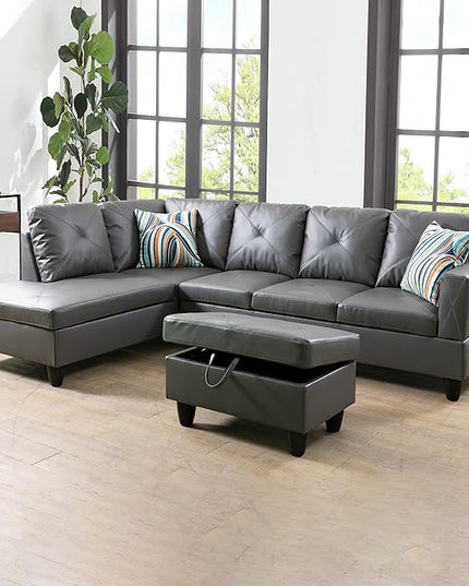 3-Piece L-Shaped Sectional Couches Lounge & Storage Modular Living Room Home Office, 3pcs 97'' Sofa+66.5'' Chaise+28.5'' Ottoman(Left), Dark Grey Faux Leather - LeafyLoom