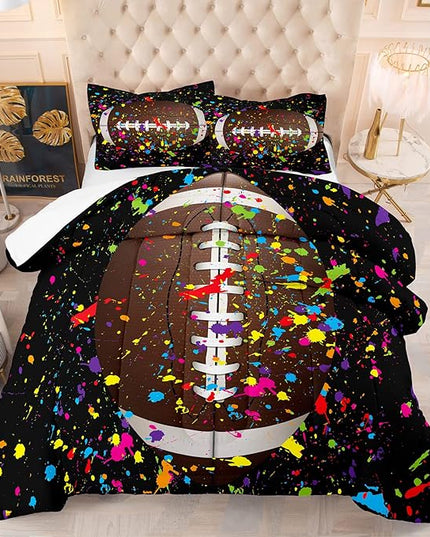 Tailor Shop Watercolor Sports Football Comforter Set for Boys 3D Black Splash Ink Colorful Football Bedding Set King Size with 1 Comforter 2 Pillow Shams, - LeafyLoom