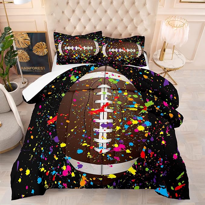 Tailor Shop Football Comforter Set for Boys Teens Kids Black Splash Ink Colorful Sports Football Bedding Set Queen Size with 1 Comforter 2 Pillow Shams…… - LeafyLoom