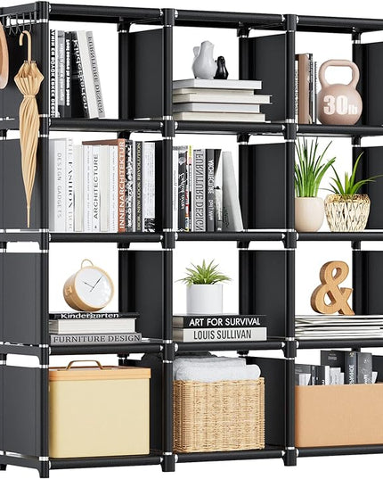 Mavivegue Book Shelf, 12 Cube Storage Organizer, DIY Bookcase, Metal Bookshelf,Tall Book case for Bedroom, Living Room,Office,Closet , Black Cubicle Rack - LeafyLoom