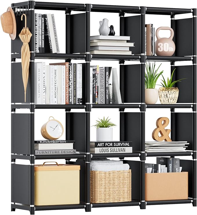 Mavivegue Book Shelf, 12 Cube Storage Organizer, DIY Bookcase, Metal Bookshelf,Tall Book case for Bedroom, Living Room,Office,Closet , Black Cubicle Rack - LeafyLoom