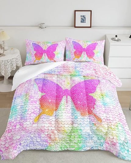 CVHOUSE Butterfly Bedding Set,Butterfly Comforter Twin,Butterfly Comforter Set for Girls Kids Teens,Butterflies Quilt Set with 1 Comforter and 2 Pillow Cases- 3 Piece - LeafyLoom