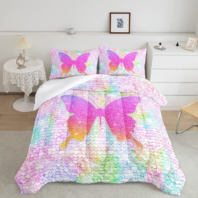 CVHOUSE Butterfly Bedding Set,Butterfly Comforter Twin,Butterfly Comforter Set for Girls Kids Teens,Butterflies Quilt Set with 1 Comforter and 2 Pillow Cases- 3 Piece - LeafyLoom
