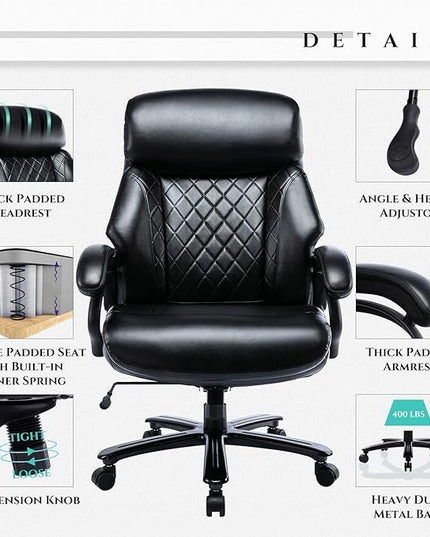 Big and Tall Office Chair 400lbs-Heavy Duty Executive Desk Chair with Extra Wide Seat, High Back Ergonomic Leather Computer Chair with Tilt Rock&Tension, Padded Armrests-Diamond Black - LeafyLoom