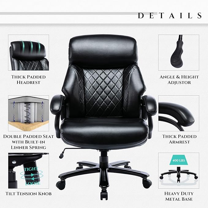 Big and Tall Office Chair 400lbs-Heavy Duty Executive Desk Chair with Extra Wide Seat, High Back Ergonomic Leather Computer Chair with Tilt Rock&Tension, Padded Armrests-Diamond Black - LeafyLoom