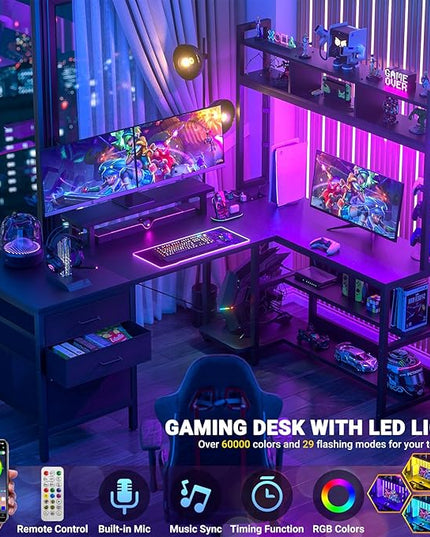 Aheaplus L Shaped Desk with Hutch, Gaming Desk with Led Lights, Reversible Computer Desk with Power Outlet, Corner Desk with File Drawer & Monitor Stand, Storage Shelves for Home Office, Black - LeafyLoom