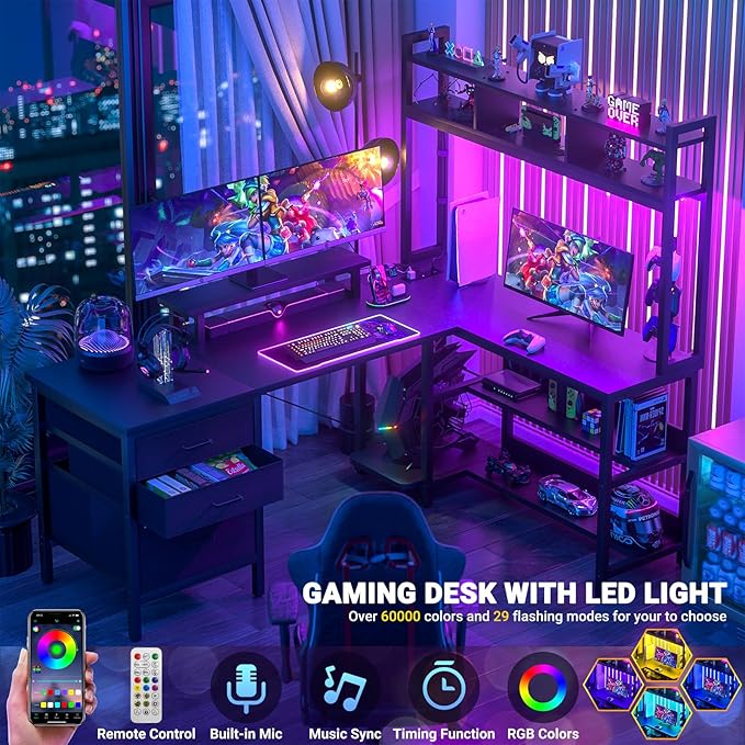 Aheaplus L Shaped Desk with Hutch, Gaming Desk with Led Lights, Reversible Computer Desk with Power Outlet, Corner Desk with File Drawer & Monitor Stand, Storage Shelves for Home Office, Black - LeafyLoom