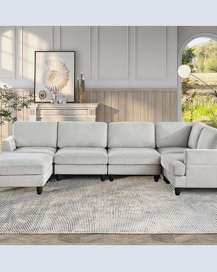 129.5" Modular Sectional Couch with Ottoman,6 Seat Chenille Corner Sofa with Seat Cushions Have a Built-in sSpring Pack,Multi-layered Plywood,for Living Room, Apartment, Bedroom, Office - LeafyLoom