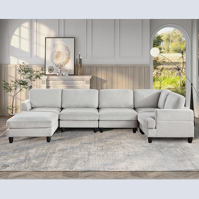 129.5" Modular Sectional Couch with Ottoman,6 Seat Chenille Corner Sofa with Seat Cushions Have a Built-in sSpring Pack,Multi-layered Plywood,for Living Room, Apartment, Bedroom, Office - LeafyLoom