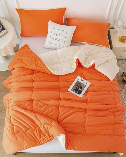 COTTEBED Reversible Ultra-Soft Bright Orange and Beige Comforter Set Queen, Jersey Knit T-Shirt Feel Bedding Blanket Down Conforters Sets & Pillowsham for Men Women All Season Use, Full/Queen Size Bed - LeafyLoom