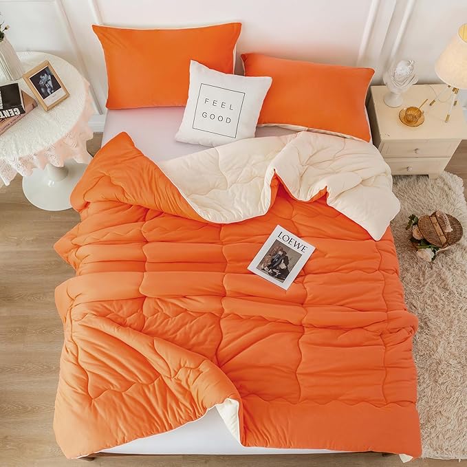 COTTEBED Reversible Softness Bright Orange and Beige King Size Comforter Set Clearance, Jersey Knit T-Shirt Feel California King Cozy Bedding Down Blanket Quilt & Pillowsham for Women Men All Season - LeafyLoom